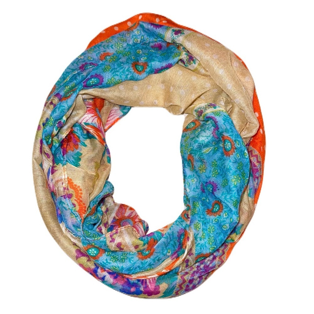 Orange, blue & beige floral print infinity scarf
